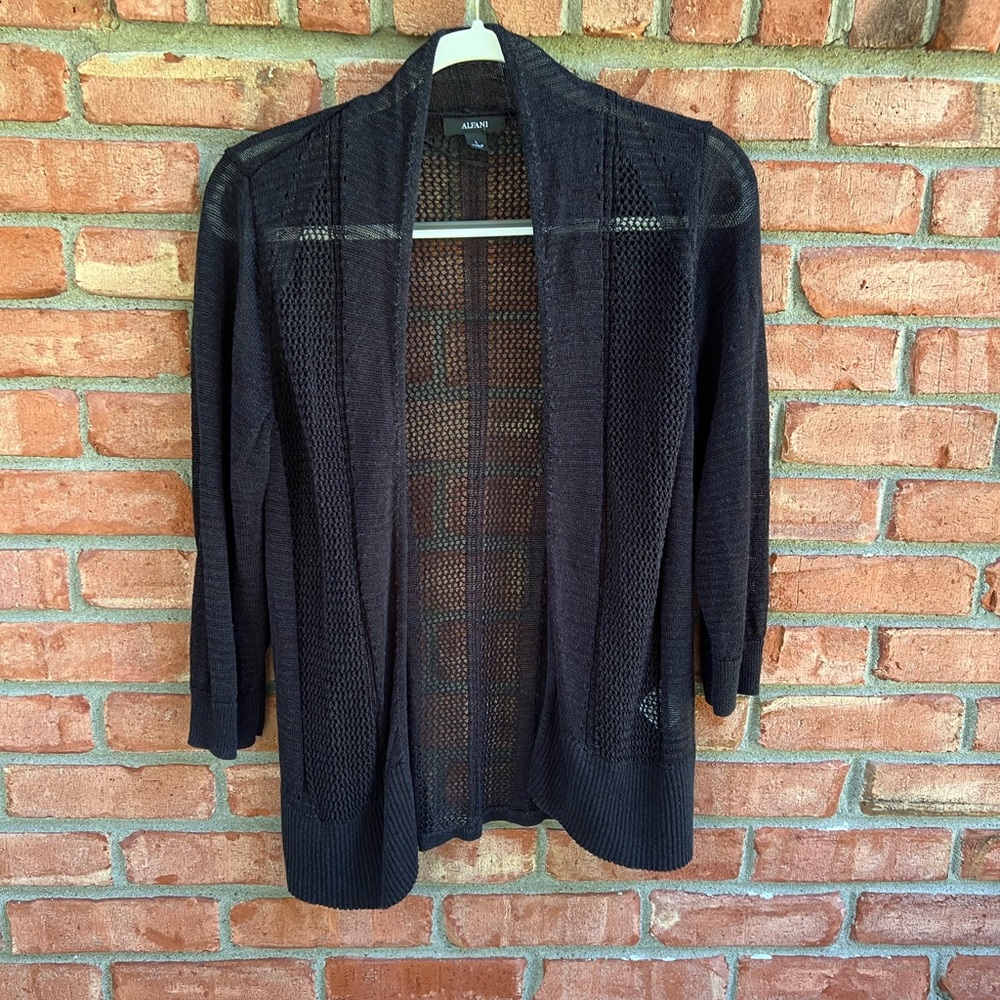Alfani Linen/Rayon Open Stitch Cardigan, black, L